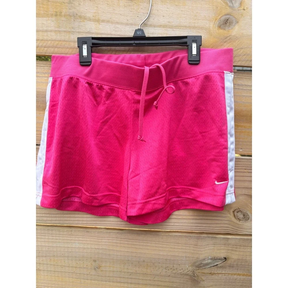 Nike Girls Pink Mesh Athletic Shorts White Stripes Size Large 12-14 Drawstring